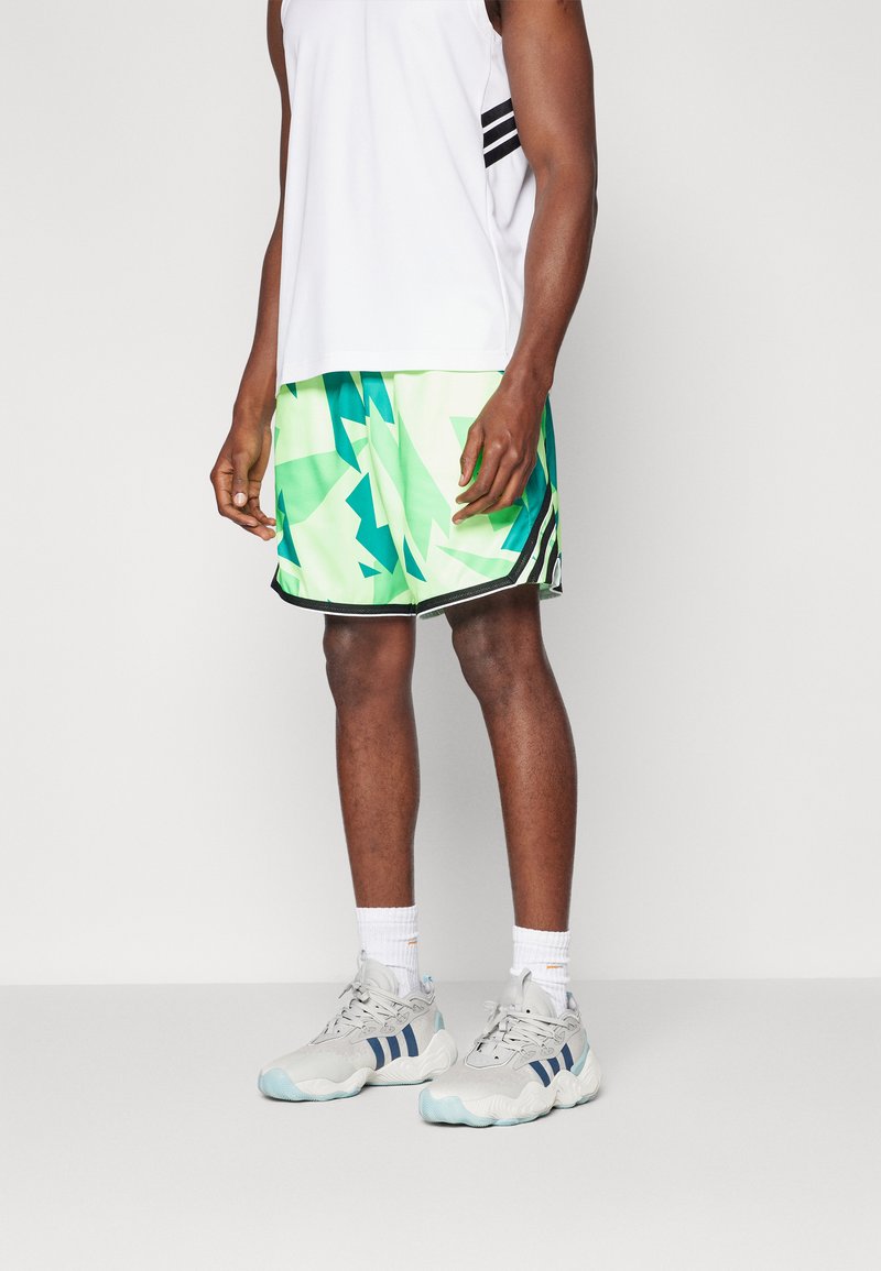 Grün- und blau gemusterte Shorts mit einem schwarzen Akzentbesatz, kombiniert mit einem weißen ärmellosen Oberteil und hellgrauen Sportschuhen.