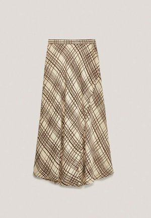 Beige nederdel med et brunt ternet mønster, der har et udvidet design og en glat tekstur. Livrem i toppen, uden synlige lukninger.