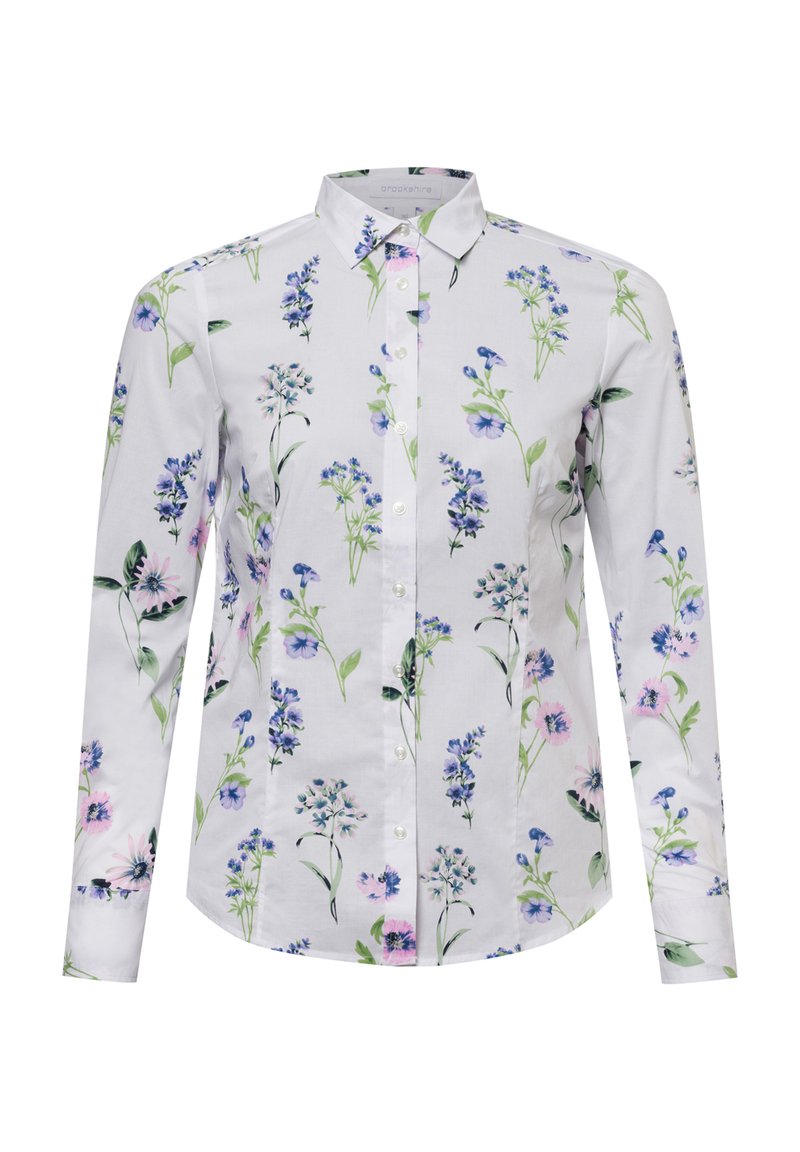 Biała, długa koszula z rękawami z wielokolorowym nadrukiem kwiatowym, z kołnierzykiem zapinanym na guziki i subtelnym połyskiem materiału.