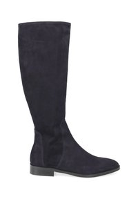 Bottes hautes jusqu'aux genoux en suède bleu marine foncé. Design élégant et ajusté avec un bout arrondi et une semelle noire basse et robuste. Texture lisse avec des accents minimaux.