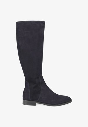 Knee-high boots in dark navy suede. Sleek, fitted design with a rounded toe and low, sturdy black sole. Smooth texture with minimal accents.