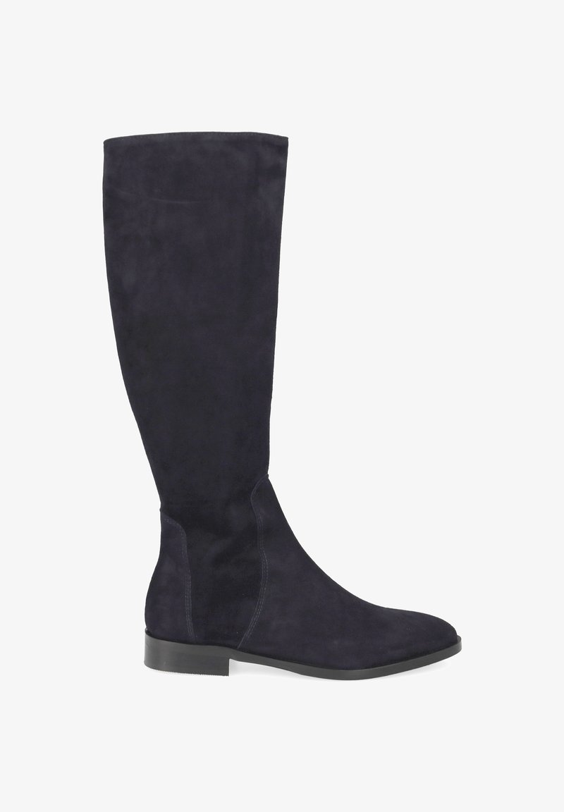 Bottes hautes jusqu'aux genoux en suède bleu marine foncé. Design élégant et ajusté avec un bout arrondi et une semelle noire basse et robuste. Texture lisse avec des accents minimaux.