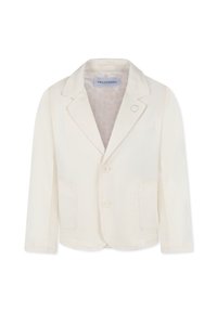 Blazer crema realizzato in tessuto liscio, con rever a punta, due tasche frontali e chiusura a un bottone. Include un dettaglio decorativo con spilla.