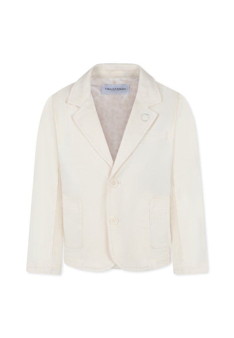 Blazer crema realizzato in tessuto liscio, con rever a punta, due tasche frontali e chiusura a un bottone. Include un dettaglio decorativo con spilla.