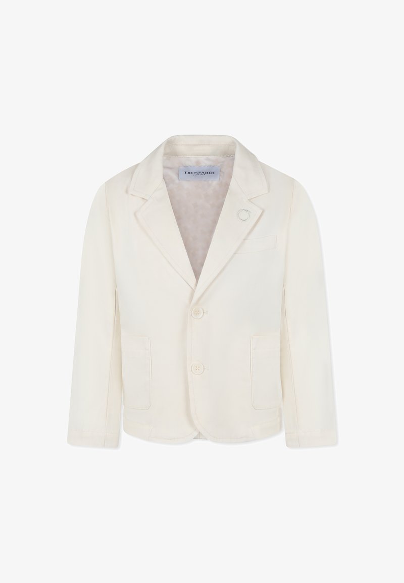 Crème blazer gemaakt van soepele stof, met een geknipt revers, twee voorzakken en een enkele knoopsluiting. Inclusief decoratieve spelddetail.