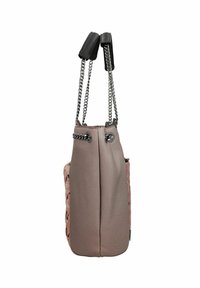 Hellrosa Lederhandtasche mit strukturierten Seiten, Kettenhenkeln und einer glatten, leicht strukturierten Silhouette. Ideal für den täglichen Gebrauch.