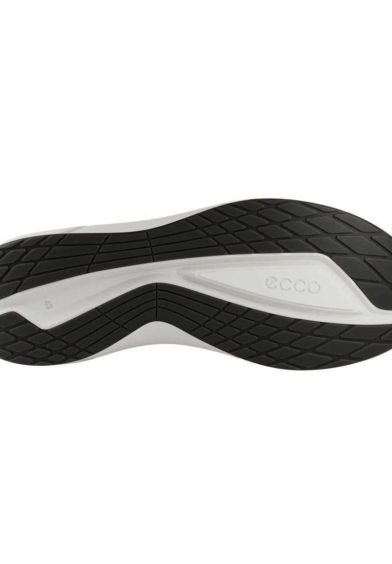 ECCO-Schuhsohle mit einer schwarzen strukturierten Gummioberfläche, die eine weiße Zwischensohle aufweist. Geschwungenes Design mit Rillen für Traktion und Unterstützung.