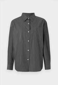 Camicia grigia a maniche lunghe con strisce bianche verticali, abbottonatura frontale, colletto e taschino sul lato sinistro del petto. Realizzata in tessuto intrecciato con una superficie liscia.