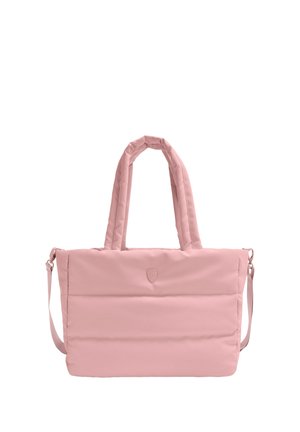 Zachte roze gewatteerde tas met twee gevoerde handvatten, een afneembare schouderriem en een klein schildlogo aan de voorkant in het midden.