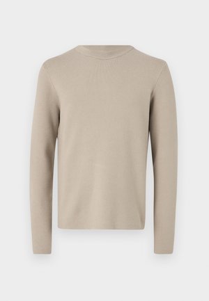 Beige langærmet sweater med rund hals, lavet af blødt strikmateriale, med en glat overflade og sømløst design.