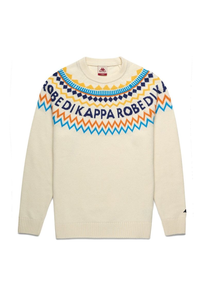 Maglione color crema con un motivo geometrico circolare blu, arancione e navy attorno al collo e una scritta audace.