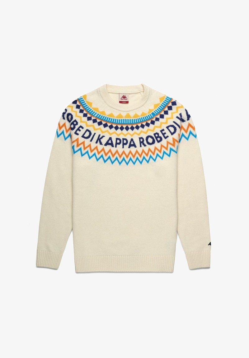 Maglione color crema con un motivo geometrico circolare blu, arancione e navy attorno al collo e una scritta audace.