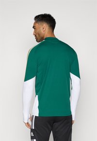 Πράσινη αθλητική μπλούζα με μακριά μανίκια, λευκά μανίκια και χρυσές λεπτομέρειες. Διαθέτει ψηλό γιακά και εφαρμοστή σχεδίαση, κατασκευασμένη από μαλακό και ευλύγιστο ύφασμα.