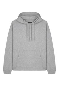 Sivá mikina s predným vreckom, kapucňou na šnúrky a rebrovými manžetami. Vyrobená z mäkkej látky, s uvoľneným strihom a minimalistickým dizajnom.
