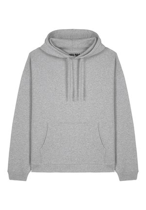 Sivá mikina s predným vreckom, kapucňou na šnúrky a rebrovými manžetami. Vyrobená z mäkkej látky, s uvoľneným strihom a minimalistickým dizajnom.