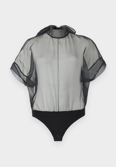 Μαύρο διάφανο κορμάκι με κοντά μανίκια, ψηλό λαιμό, χαλαρό ημιδιάφανο πάνω μέρος και στενή κάτω πλευρά με κούμπωμα κουμπιών.