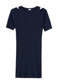 Marineblaues, geripptes Kurzarmoberteil mit Off-Shoulder-Ausschnitt. Glatte Textur und taillierte Passform, mit rundem Halsausschnitt.