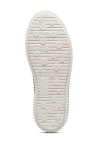 Semelle de chaussure en caoutchouc blanc présentant des points ronds et des rainures horizontales, avec des bords en zigzag et un logo central. Texturée pour une meilleure adhérence.