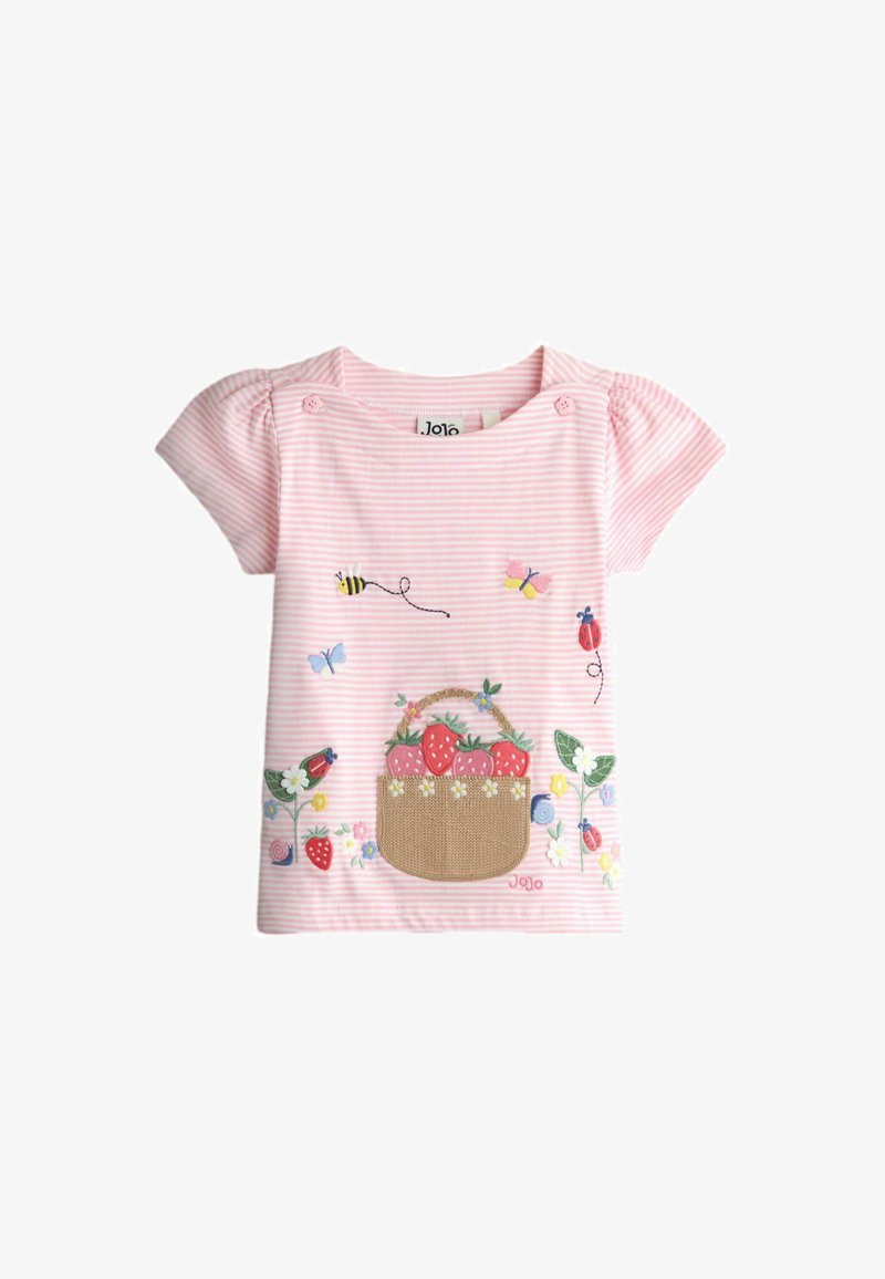 Rozā un baltas svītras toddler krekls ar izšūtu zemeņu groziņu, ziediem, bitēm, māneklēm, taureņiem un gliemežiem priekšpusē.