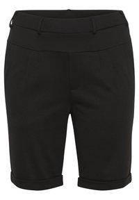 Shorts noirs ajustés avec une taille plate, des plis avant et des revers. Fabriqués dans un tissu lisse, offrant un look structuré.