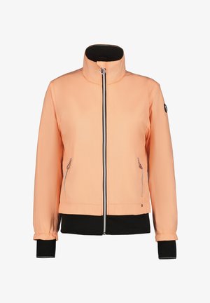 Peach-colored jacket with a high collar, front zipper, and side pockets. Features black cuffs and hem; smooth texture and minimal hardware.