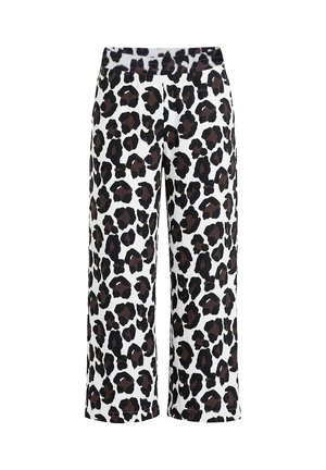 Weiße weite Hose mit elastischem Bund und schwarz-braunem Leopardenmuster.