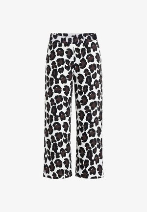 Pantalones blancos de pierna ancha con cintura elástica y estampado de leopardo en negro y marrón.