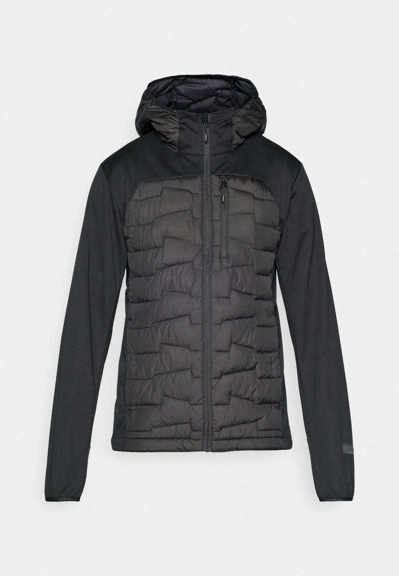 Podszewka czarna kurtka z kapturem, o gładkim, matowym wykończeniu. Zawiera zamek błyskawiczny z przodu oraz kieszenie na piersi, z teksturowanym wzorem na korpusie.