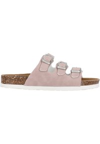 Ljusrosa mocka slide sandal med tre justerbara silverfärgad spännen, kork-mellansula och en vit gummisula. Platt med öppen tådesign.