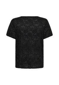 Haut noir à manches courtes en tissu dentelle avec un motif cachemire et un ourlet droit, vu de dos.