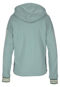 Lichtgroene hoodie met een zachte textuur, een grote capuchon en raglanmouwen. Voorzien van witte en groene gestreepte accenten op de manchetten. Achteraanzicht.