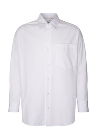 Witte langemouwen shirt van katoen; heeft een knoopsluiting aan de voorkant, een puntig collar en een borstzak. Glad textuur, geen patronen.