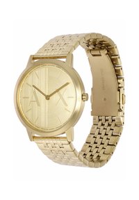 Orologio in acciaio inossidabile dorato con quadrante rotondo texturizzato, dotato di indicatori delle ore e design minimalista. Bracciale mobile con anelli interbloccati.