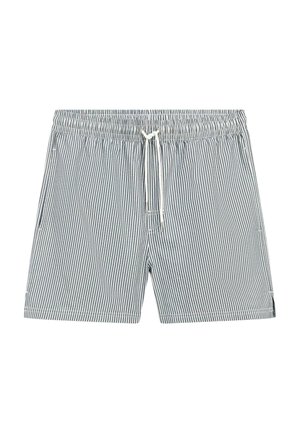 Heren zwembroek met verticale strepen in marineblauw en wit, elastische tailleband en witte trekkoord aan de voorkant.