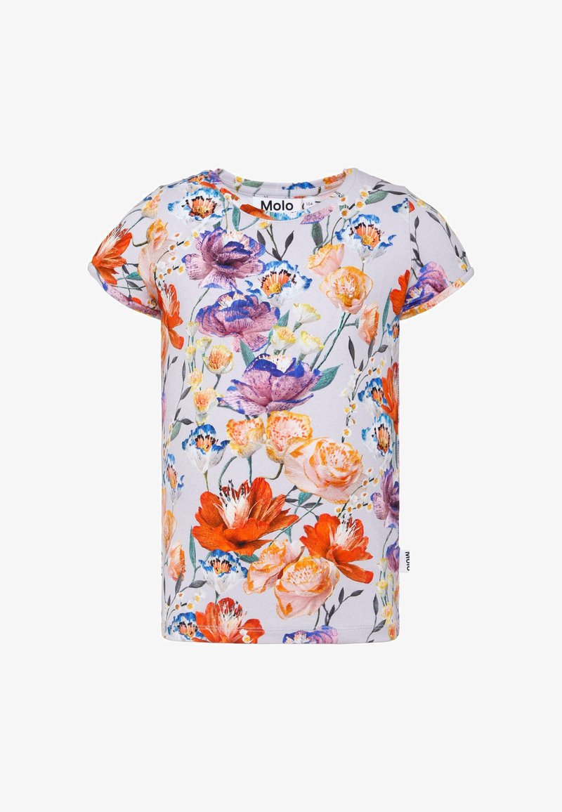 Kwiatowa koszula z krótkim rękawem w jasnoszarym kolorze, ozdobiona żywymi wzorami w pomarańczowe, fioletowe i żółte kwiaty. Miękki materiał bawełniany z okrągłym dekoltem.