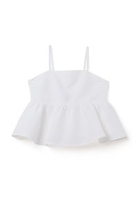Witte peplumtop met dunne verstelbare bandjes, gemaakt van lichtgewicht stof, met een vloeiende zoom en een gladde textuur. Geen patronen of accenten.