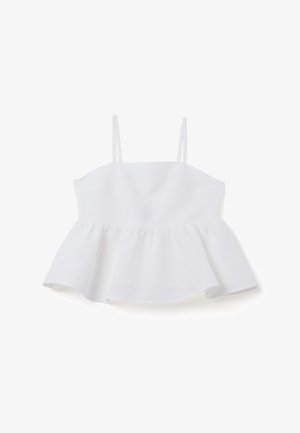 Top peplum blanco con tirantes finos ajustables, hecho de una tela ligera, con un dobladillo fluido y textura suave. Sin estampados ni acentos.