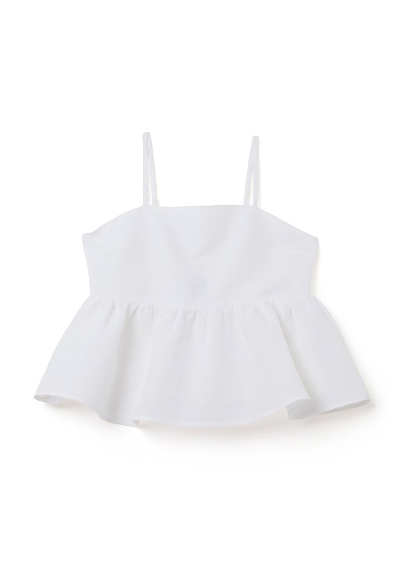 Witte peplumtop met dunne verstelbare bandjes, gemaakt van lichtgewicht stof, met een vloeiende zoom en een gladde textuur. Geen patronen of accenten.