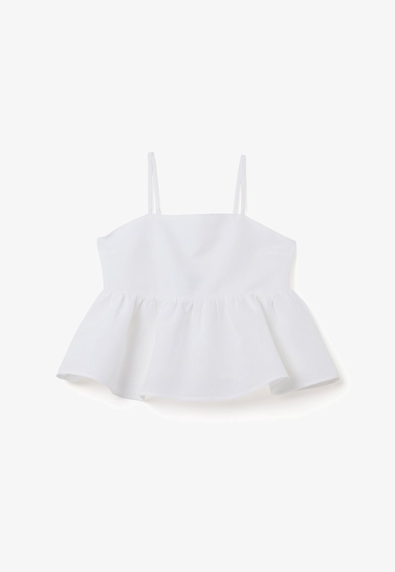Top peplum bianco con sottili spalline regolabili, realizzato in tessuto leggero, caratterizzato da un orlo morbido e una texture liscia. Nessun motivo o dettaglio.