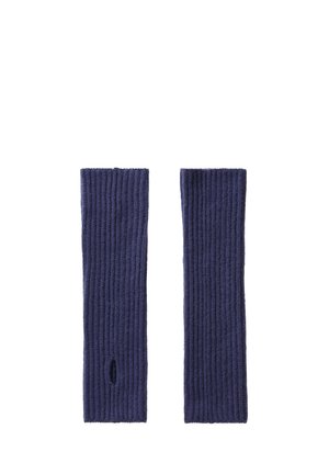 Guanti senza dita a costine di colore blu navy, realizzati in materiale lavorato a maglia. Presentano un'apertura per l'accesso al pollice, garantendo comfort e flessibilità nell'indossarli.