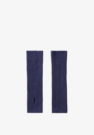 Guanti senza dita a costine di colore blu navy, realizzati in materiale lavorato a maglia. Presentano un'apertura per l'accesso al pollice, garantendo comfort e flessibilità nell'indossarli.