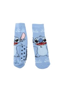 Calzini di cotone blu con un personaggio dei cartoni animati. Un calzino mostra un personaggio sorridente con un orecchio; entrambi hanno dei pois neri sul fondo.