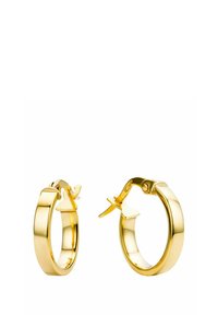 Orecchini a cerchio in oro con una finitura liscia e lucida. Presentano una chiusura sicura e un design arrotondato, che mette in mostra un'estetica pulita e semplice.