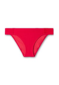 Bas de bikini rouge avec une texture côtelée, des détails de fronces sur les côtés et un design minimaliste. Fabriqué en matériau extensible et adapté à la baignade.