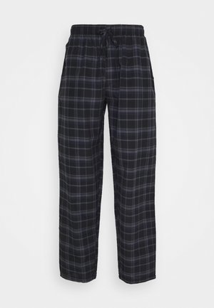 Black and gray plaid trousers with an elastic waistband and drawstring. Made from soft fabric, featuring a relaxed fit and straight legs.