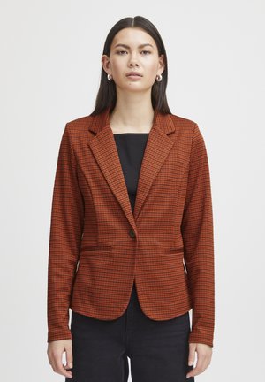 Rode en zwarte geblokte blazer met een enkele knop, notch revers en twee voorzakken; gladde stof en getailleerde fit.