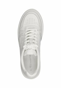 White sneaker with smooth leather upper, textured accents, perforations on the toe, and flat laces. Size 37 indicated inside.