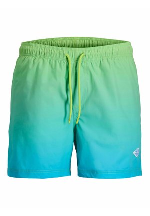 Heren zwemshort met een groen-blauwe gradient, elastische tailleband en gele trekkoord, met een klein wit logo op het linkerbeen.