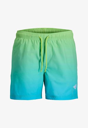 Short de bain homme avec dégradé du vert au bleu, taille élastique et cordon jaune, avec un petit logo blanc sur la jambe gauche.