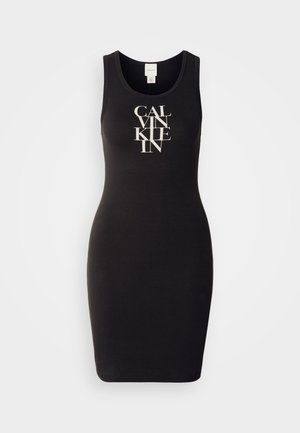Robe débardeur noire en coton doux au design ajusté. Présente un imprimé logo en blanc, affichant une écriture audacieuse et stylisée sur le devant.